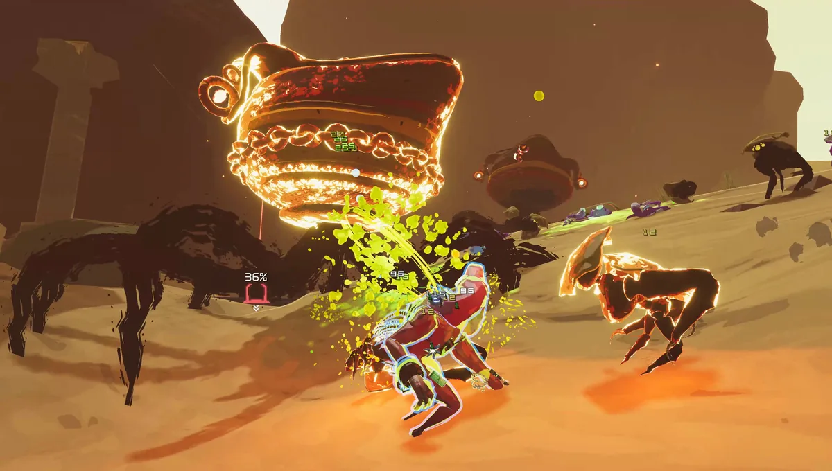 Risk of Rain 2 large golden urn-shaped boss floating above a sandy desert hillside, a survivor and several spider-like enemies engaging below amid green impact particles