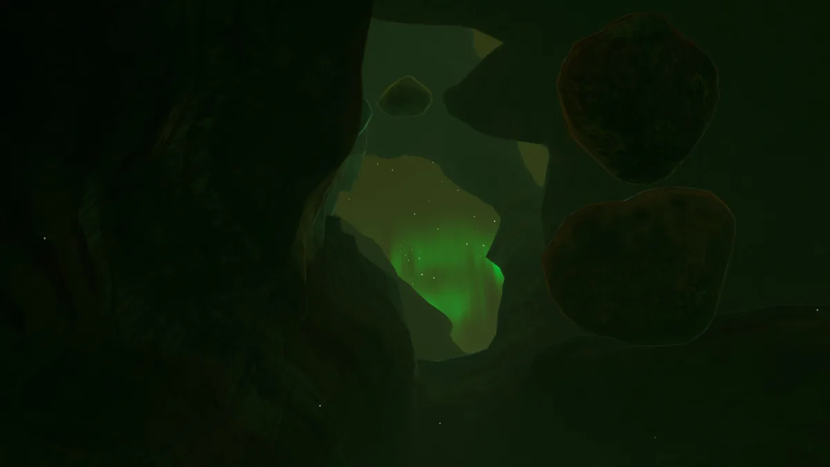 Dark cave environment with faint green aurora-like light glowing through a rocky opening, distant floating rock formations visible above