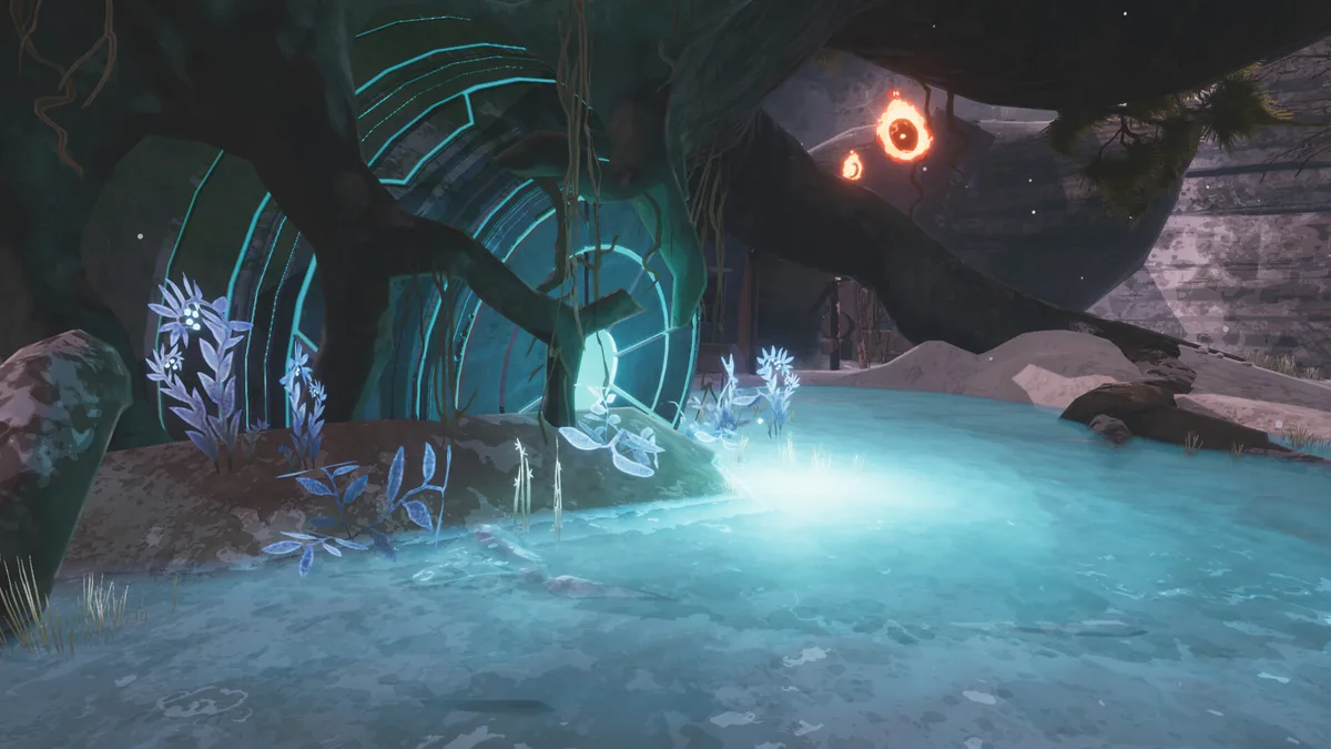 Risk of Rain 2 frozen cave environment with glowing teal ice, bioluminescent blue plants, and orange ember lights inside a hollow tree
