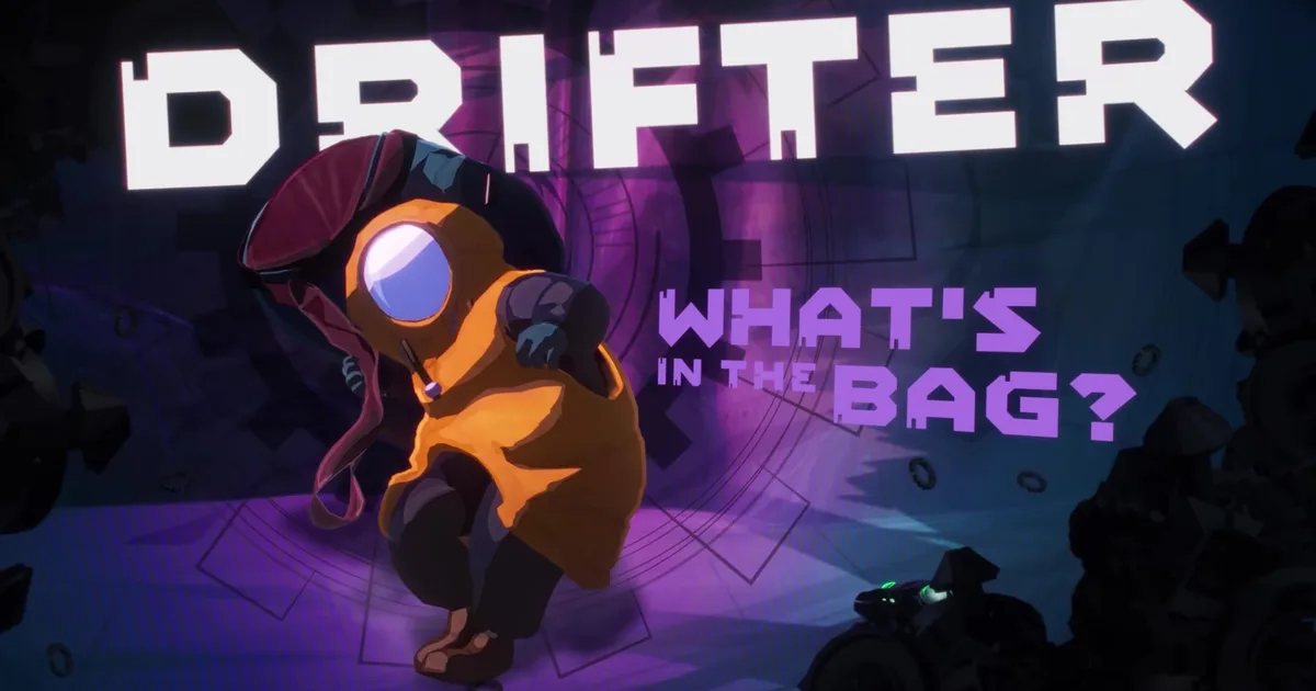 Drifter crouching in an orange coat with her huge sack under a DRIFTER title card that asks WHAT'S IN THE BAG?