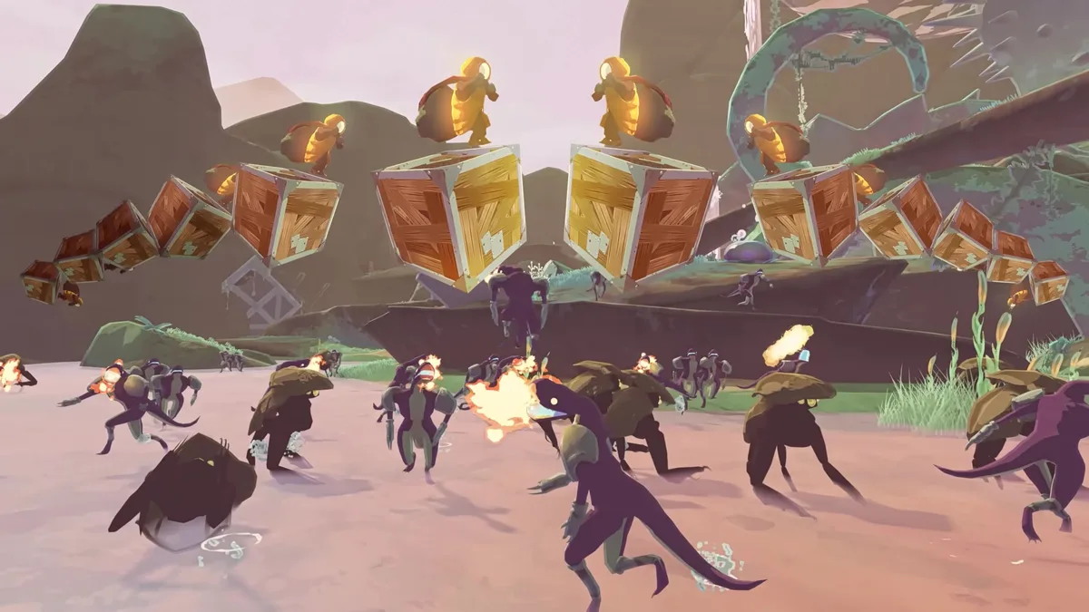 A row of Drifters riding a chain of Junk Cubes above a crowd of purple lizard monsters in a pink desert