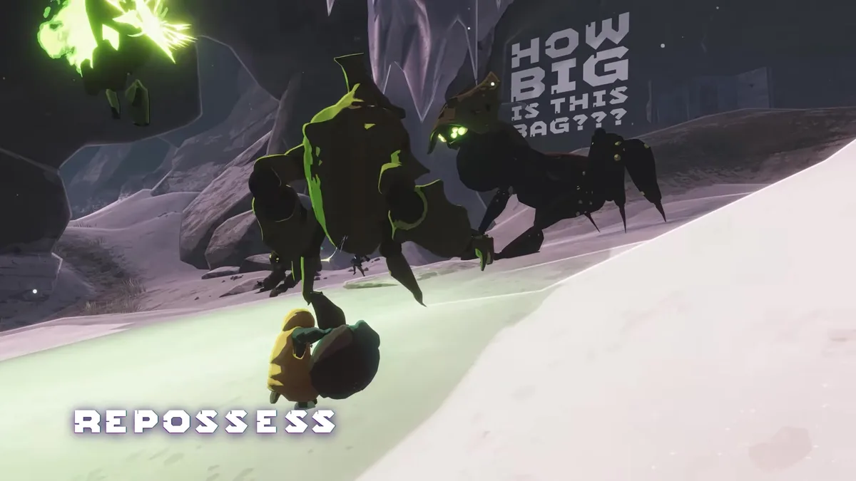 Drifter with her sack in a snowy cave next to a hulking beetle-like monster, under the words HOW BIG IS THIS BAG???