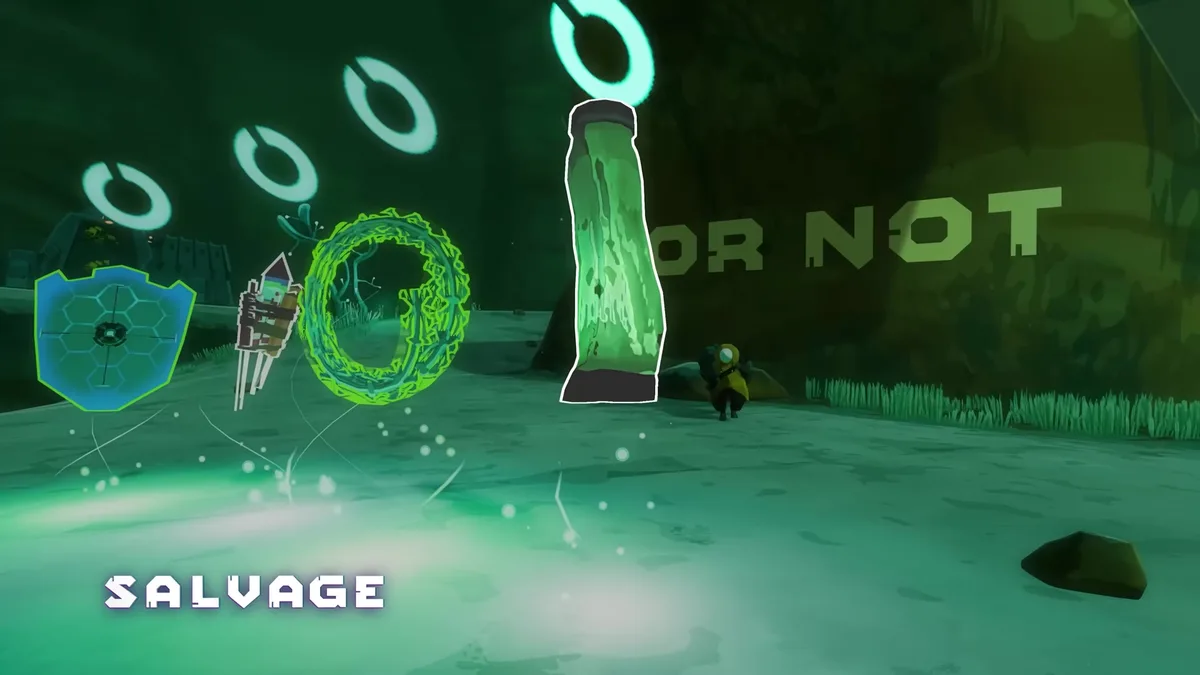 Four glowing temporary items hovering on green ground beside Drifter, with the words OR NOT painted on the wall behind