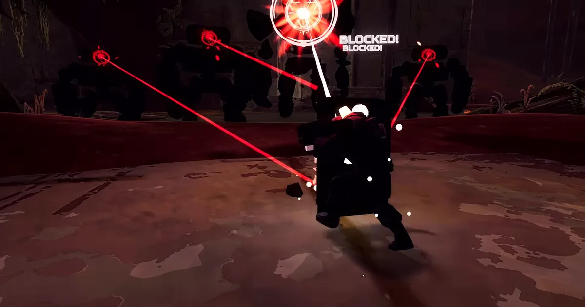 Enforcer crouched behind his riot shield as red laser beams from silhouetted enemies strike it, with Blocked pop-ups above