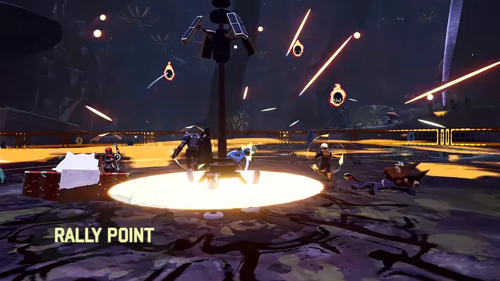 A glowing beacon disc on the ground with survivors standing in it while projectiles and enemies surround them, labelled Rally Point