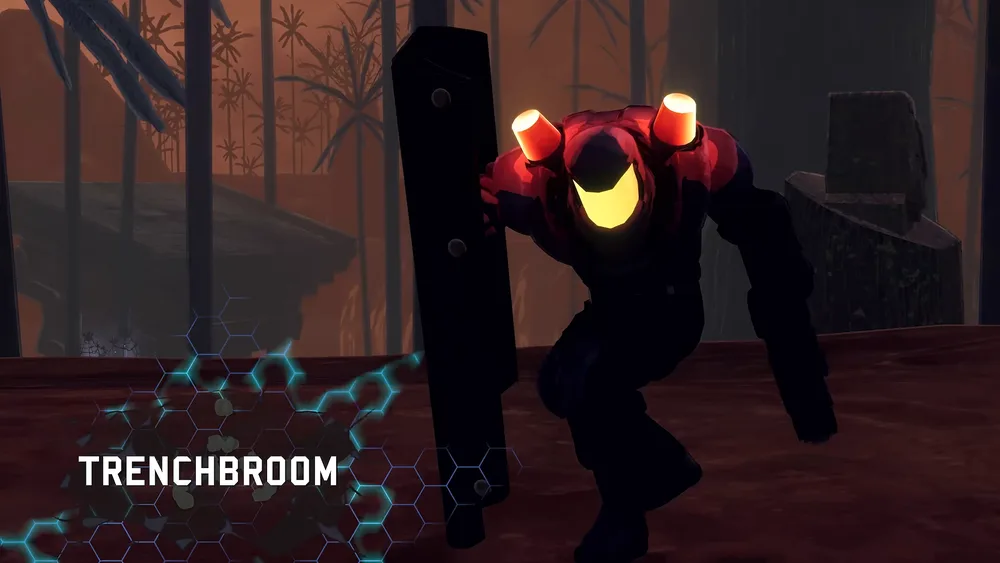 Enforcer in dark red armor crouched behind his tall black riot shield in a red-lit bamboo forest, labelled Trenchbroom