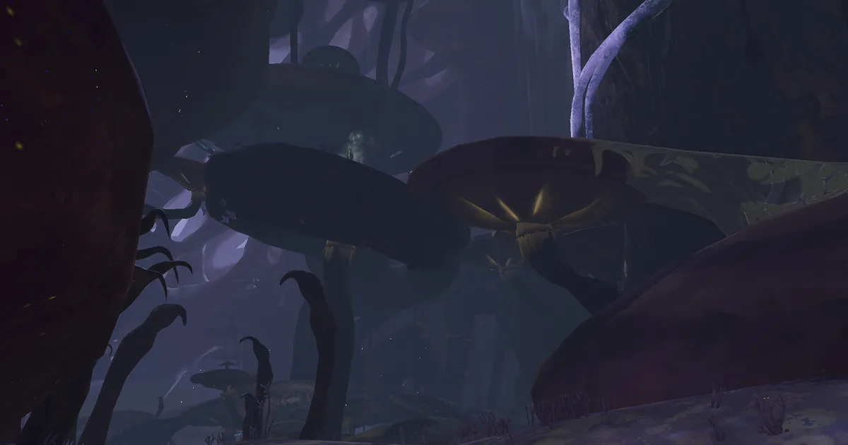 Dark cavern in Risk of Rain 2 Hallowed Concepts with towering glowing mushroom structures and jack-o-lantern-like growths