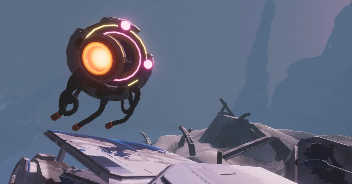 Risk of Rain 2 spherical support drone with glowing orange and pink lights hovering above a wrecked vehicle in a rocky canyon