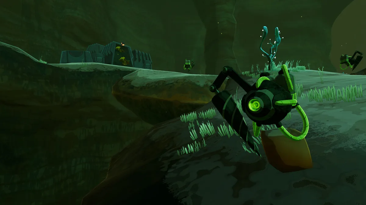 Risk of Rain 2 green mechanical drone unit with glowing eye-like sensor hovering over grassy terrain near a structure