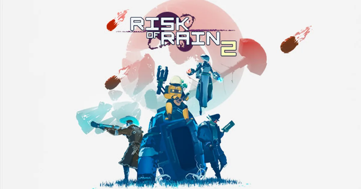 Four Risk of Rain 2 survivors gathered in a bright alien arena for a multiplayer run