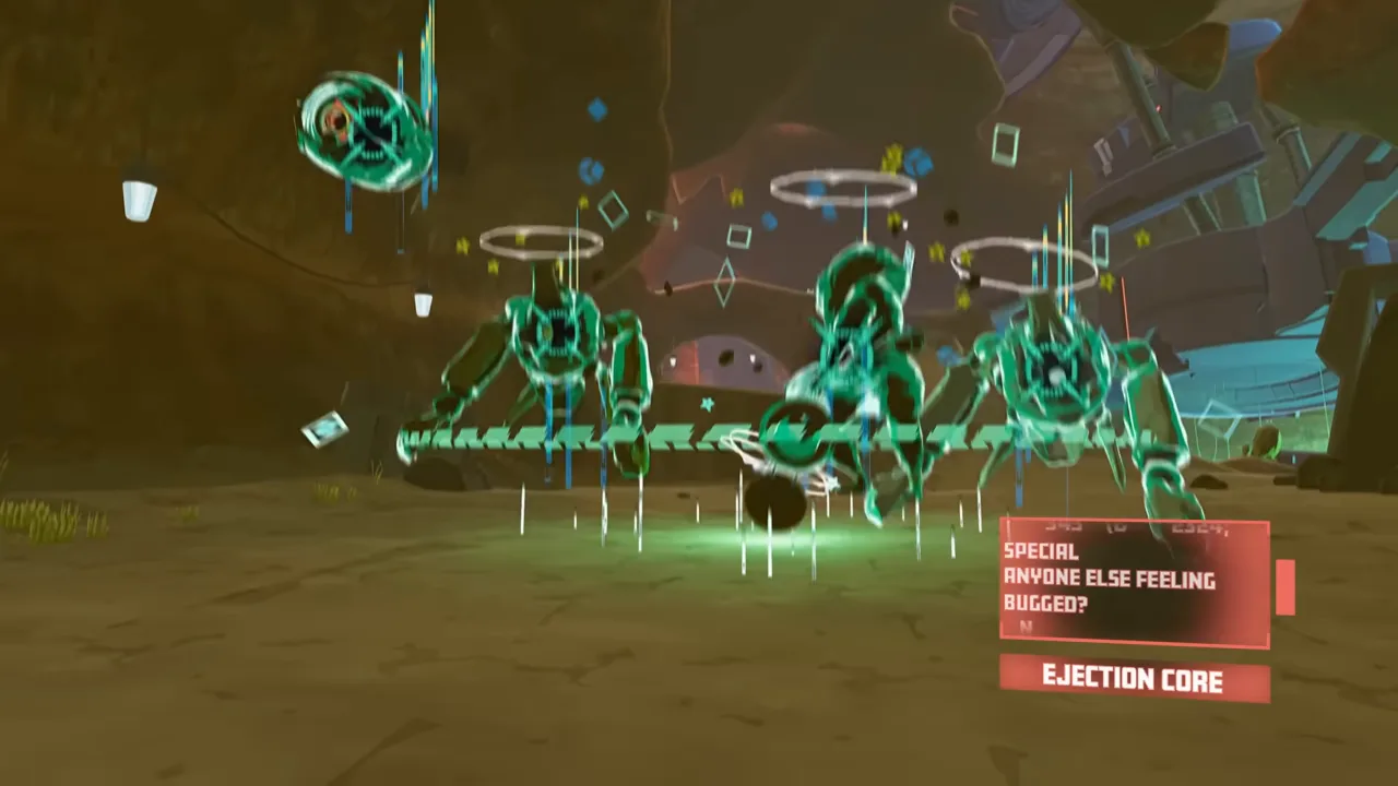 Operator's drone slamming into a pack of green-outlined enemies, with an on-screen card reading SPECIAL, ANYONE ELSE FEELING BUGGED? and EJECTION CORE