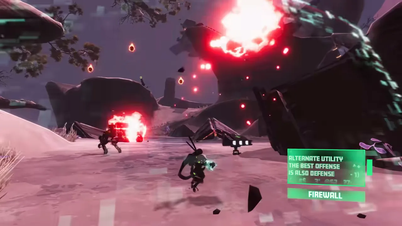 Operator running toward a red explosion in a pink snowfield while a green card on screen reads ALTERNATE UTILITY, THE BEST OFFENSE IS ALSO DEFENSE, FIREWALL