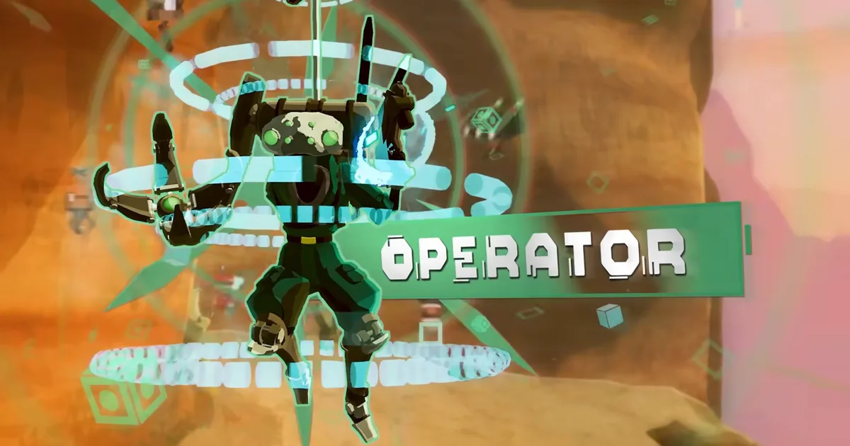 Operator hanging from a drone inside glowing green rings, with a title card reading OPERATOR over an orange canyon