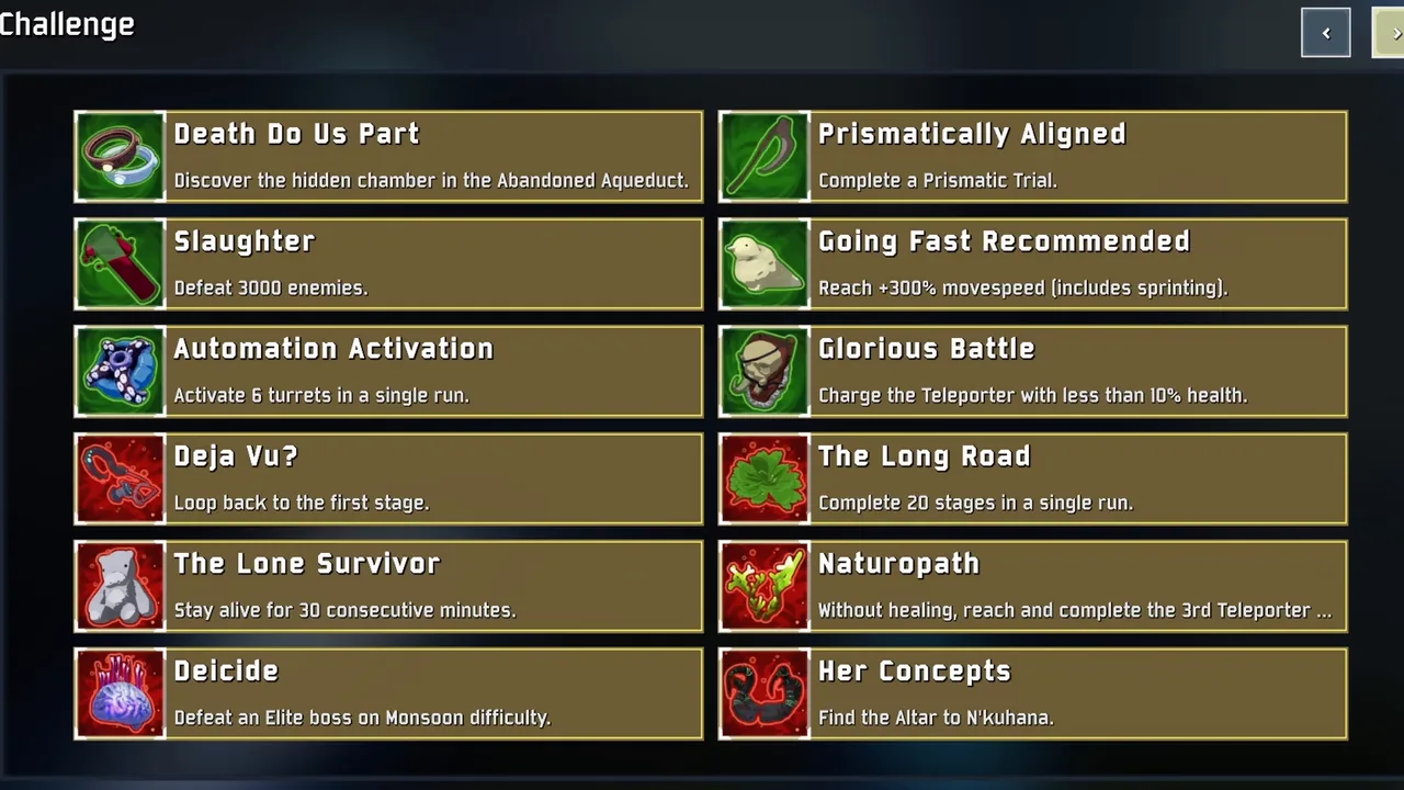Risk of Rain 2 Challenge screen listing Death Do Us Part, Prismatically Aligned, Slaughter, Going Fast Recommended, Automation Activation, Glorious Battle, Deja Vu?, The Long Road, The Lone Survivor, Naturopath, Deicide and Her Concepts