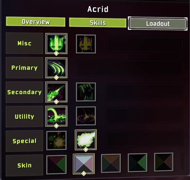 Acrid's Loadout panel with rows for Misc, Primary, Secondary, Utility, Special and Skin, and the second Special icon, a pale green cloud, highlighted