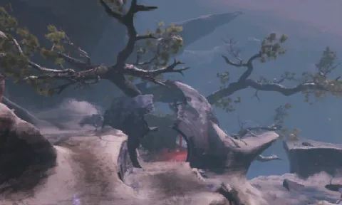 Risk of Rain 2's Pretender's Precipice, a snowy stage built around fallen Solus machinery