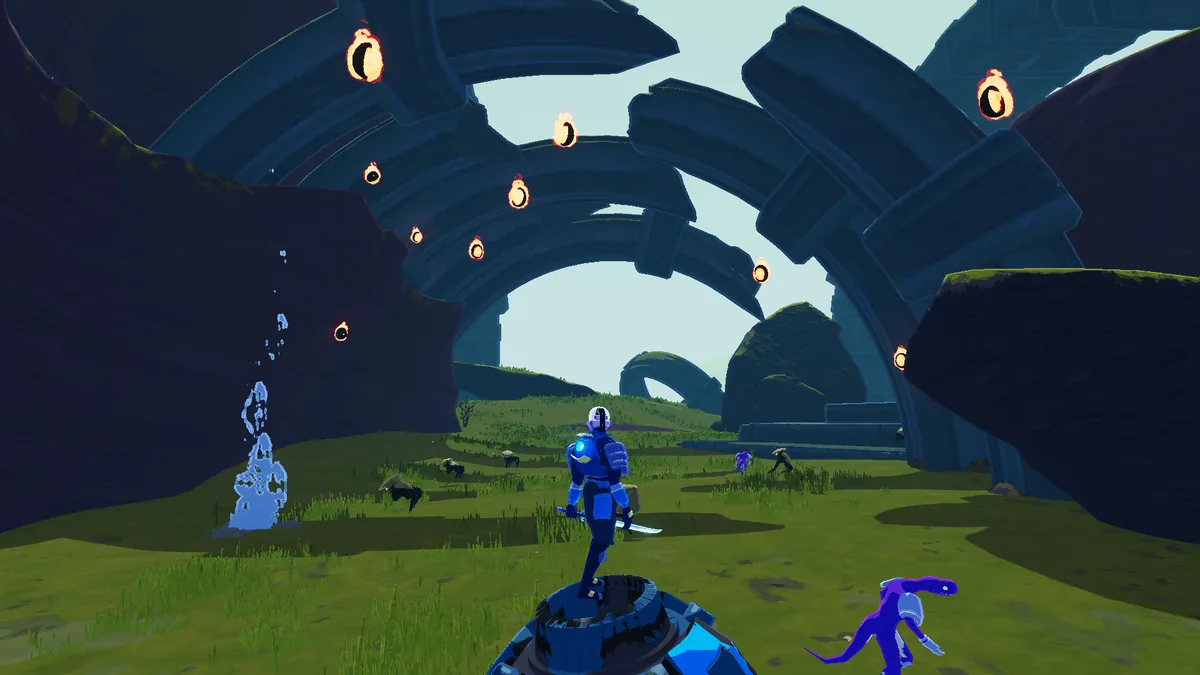 Risk of Rain 2 canyon environment with a survivor standing on a command drone platform, floating lantern-like enemies and a distant purple creature visible