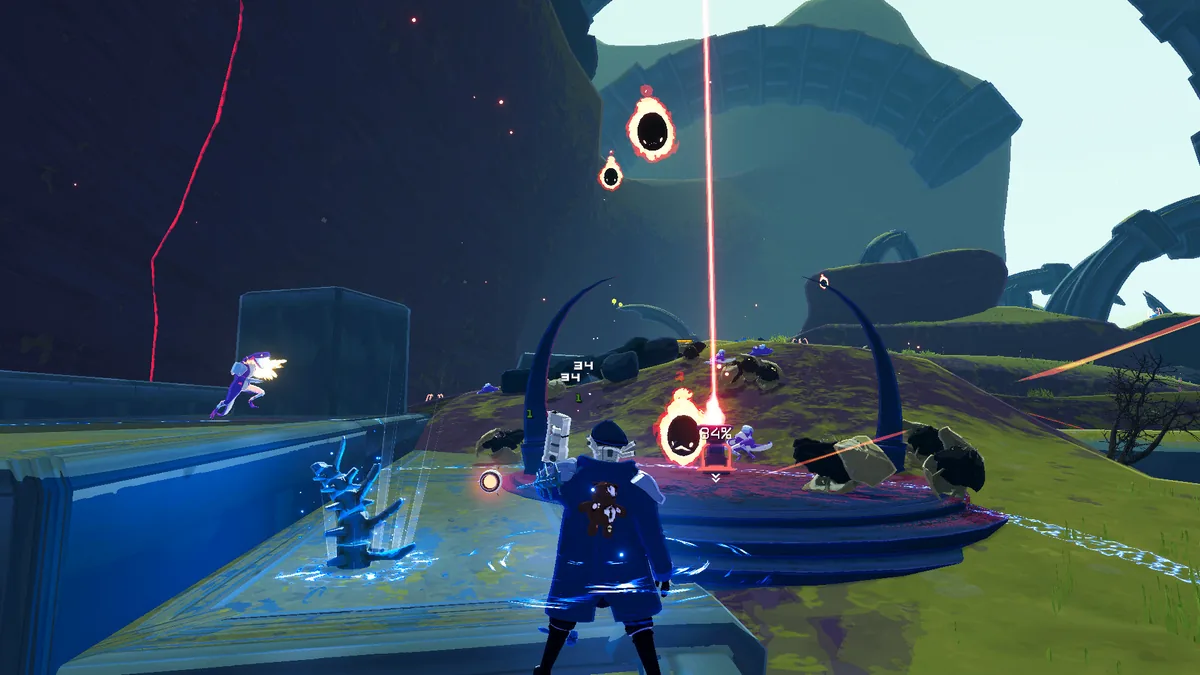 Risk of Rain 2 survivor with a distinctive backpack accessory standing near glowing void-like orbs in a dark futuristic environment