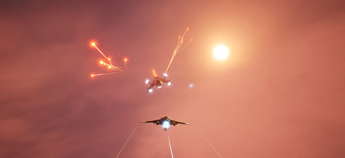 The player's starfighter faces off against a four-legged drone enemy trading tracer fire beneath a hazy orange sun