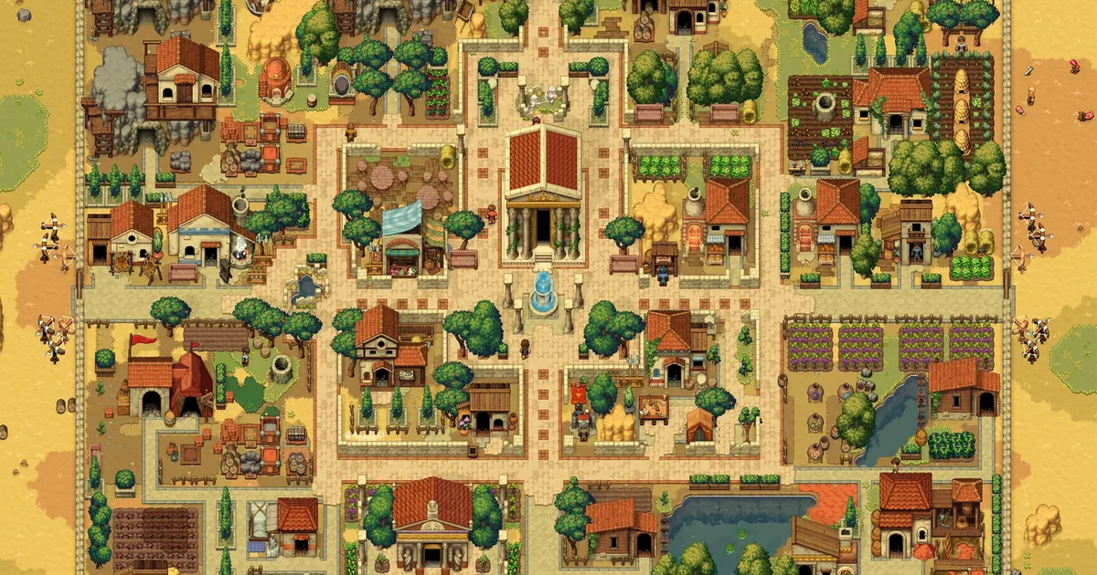 Romestead overhead view of a fully built Roman town with a central plaza, fountain, grid of tiled-roof buildings, farm plots and ponds