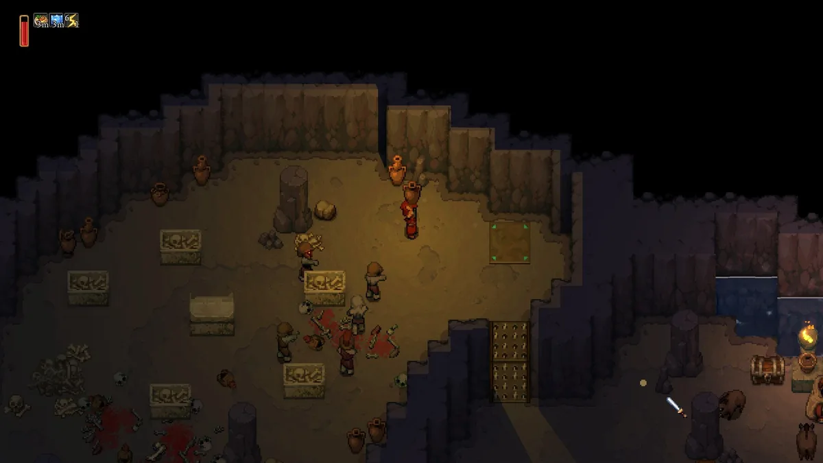 Romestead dungeon interior lit by torches with stone chests, scattered bones, and a treasure chest near a sealed door
