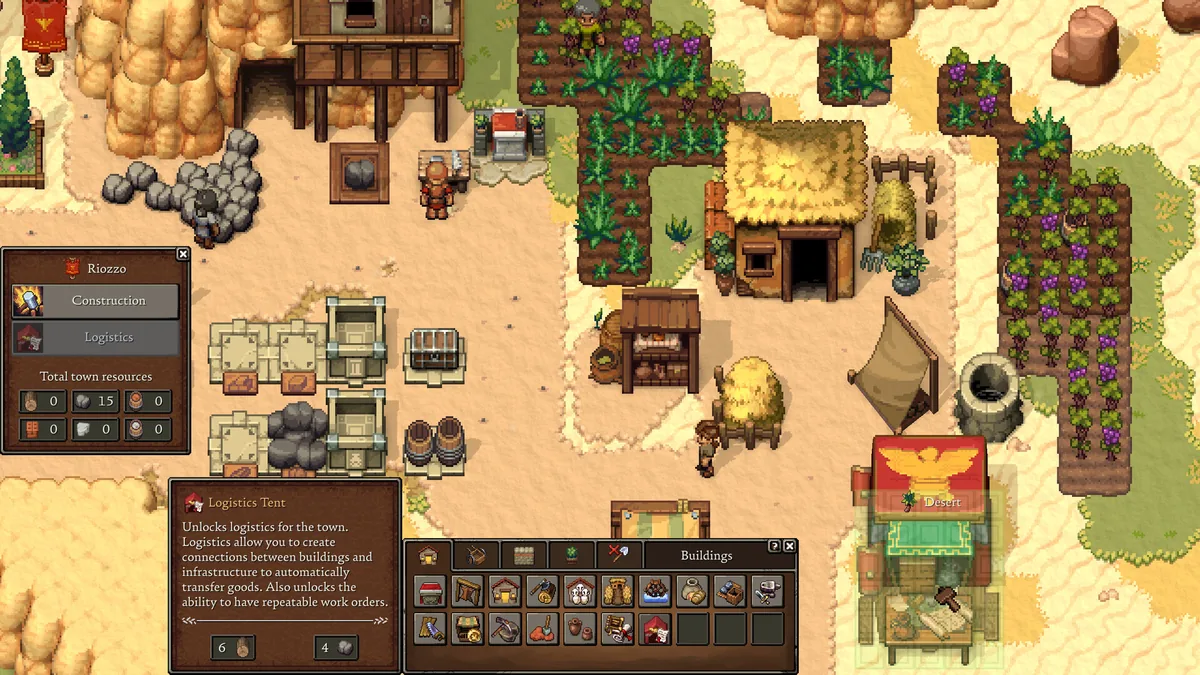 Romestead logistics menu listing total town resources and a Logistics unlock that automates goods transfer between buildings