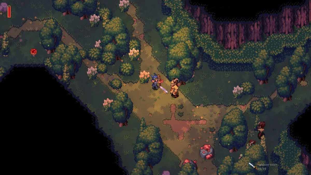 Romestead top-down forest combat: a player with a glowing sword facing a Fallen creature on a dirt path, with a resource node and health bar visible
