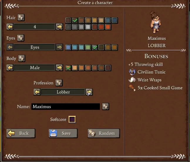 Romestead character creation screen with Lobber selected: +5 Throwing skill, Civilian Tunic, Wrist Wraps and 5x Cooked Small Game, with no Sandals