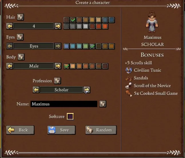 Romestead character creation screen with Scholar selected, listing +5 Scrolls skill, Civilian Tunic, Sandals, Scroll of the Novice and 5x Cooked Small Game