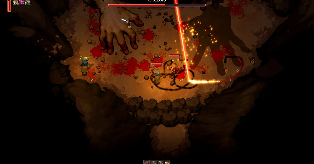 Romestead Cyclops boss fight in a dark cavern with a giant fist, a sweeping fire beam, and two raiders battling the named boss