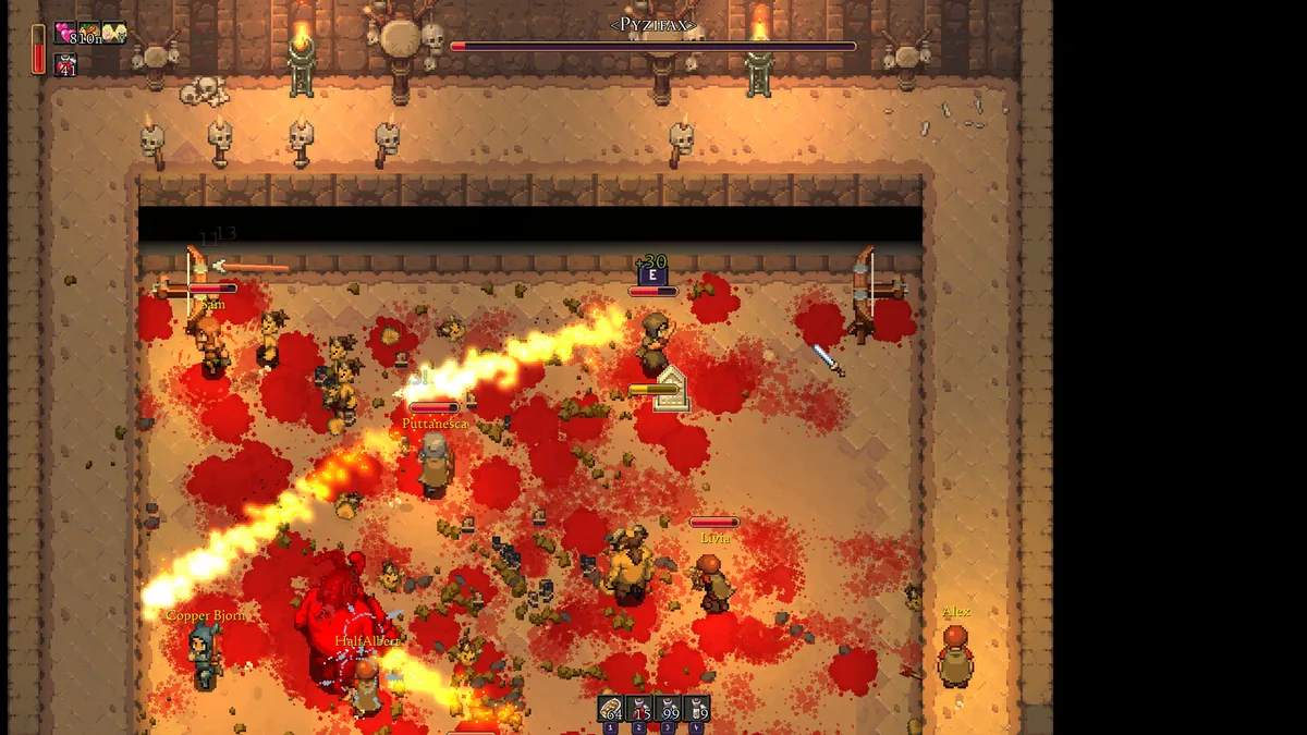 Romestead party fighting in a fiery dungeon arena with streams of flame, a boss health bar, and blood spread across the sand