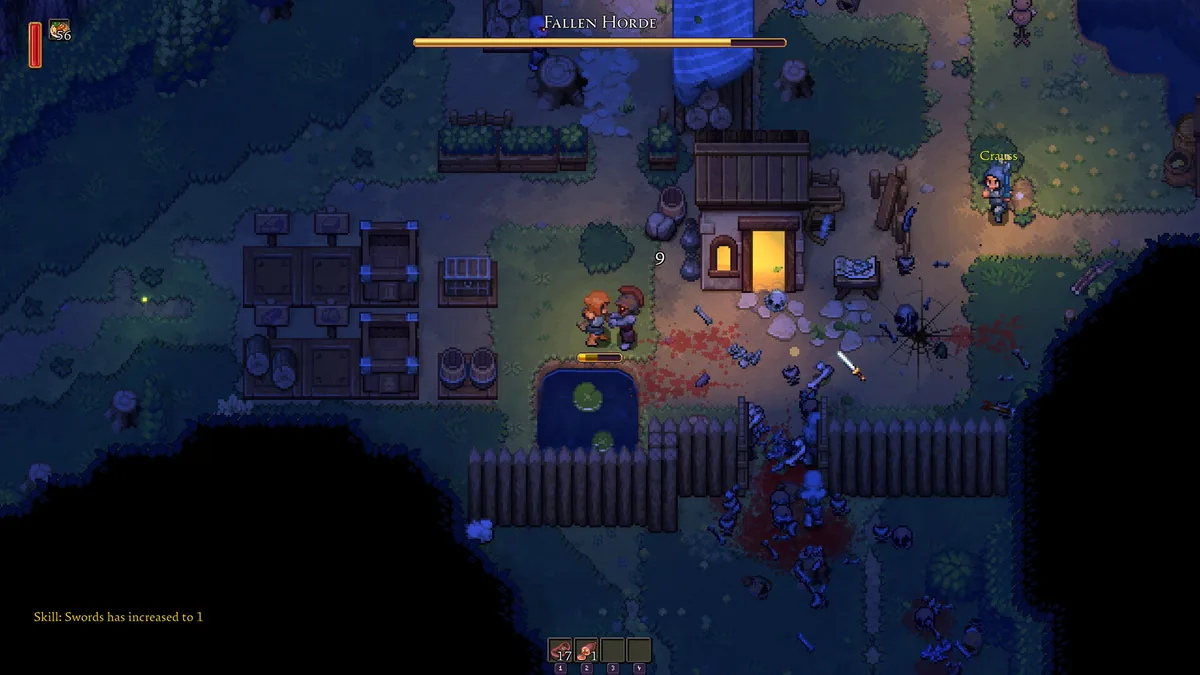 Romestead nighttime raid against a Fallen Horde, a player character mid-swing near a lit doorway with a sword icon on the ground and text confirming a Swords skill increase