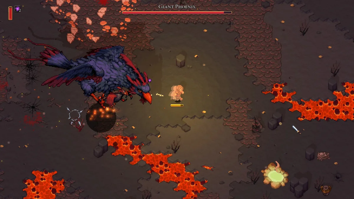 Romestead player fighting the Giant Phoenix boss in the Volcanic biome, a large purple and red bird enemy over lava fields with a sword icon visible on the ground
