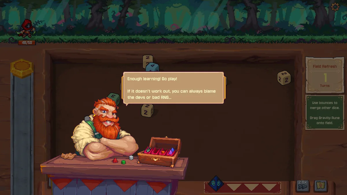 Rune Dice board with dice in play and a bearded merchant, an on-screen tip about merging dice with the Gravity Rune