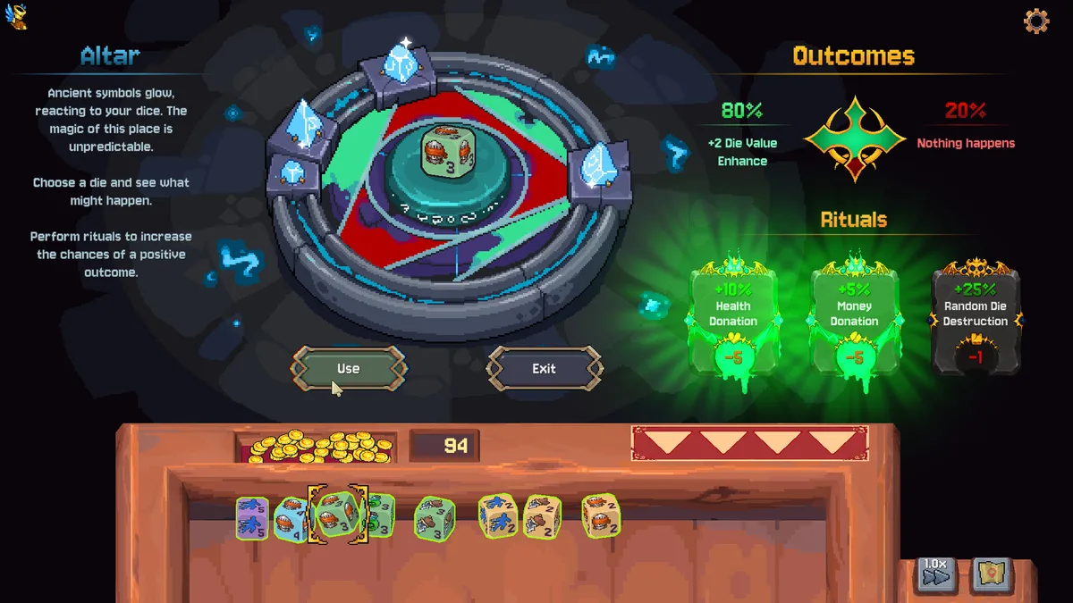 Rune Dice boss fight with the main damage die webbed and disabled, a Shuffle rune highlighted as the correct immediate play before the boss attacks