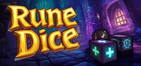 Rune Dice gameplay showing dice on a dungeon floor grid with rune effects active on multiple dice faces