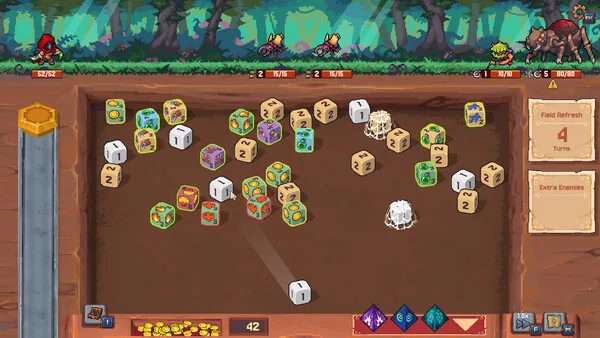 Rune Dice mid-run shop screen showing three relic options with a Bomb dice upgrade highlighted in the center slot