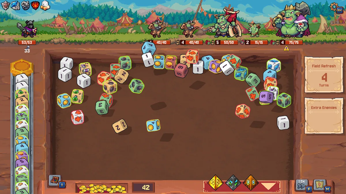 Rune Dice Hard Mode boss encounter screen showing a dark fantasy creature with multiple health bars visible
