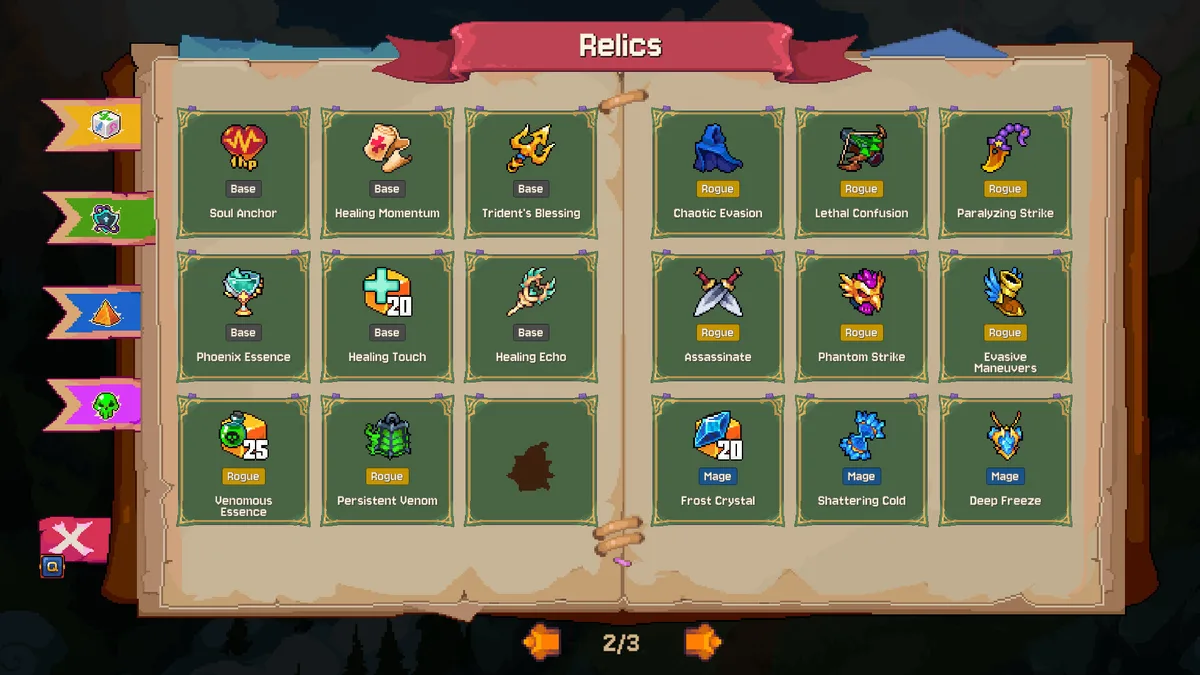 Rune Dice shop screen with relic options and coin currency displayed, a dungeon corridor background with merchant silhouette