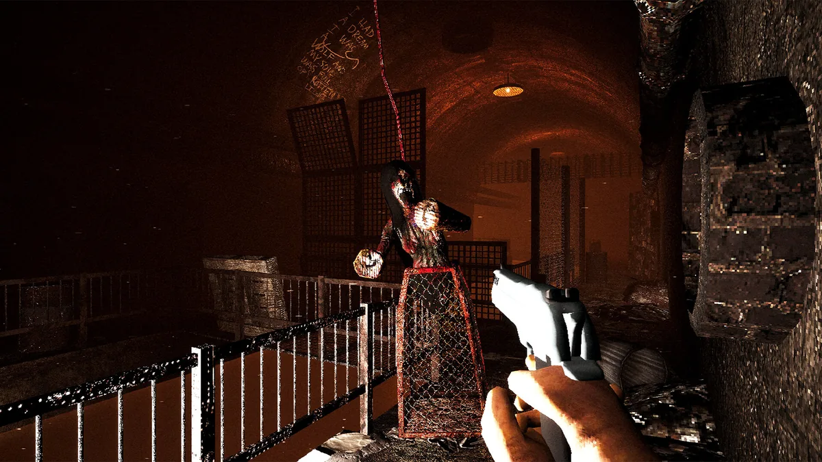 Saint of Chains retro-style horror corridor showing enemy encounter and gun combat in twisted dreamscape setting
