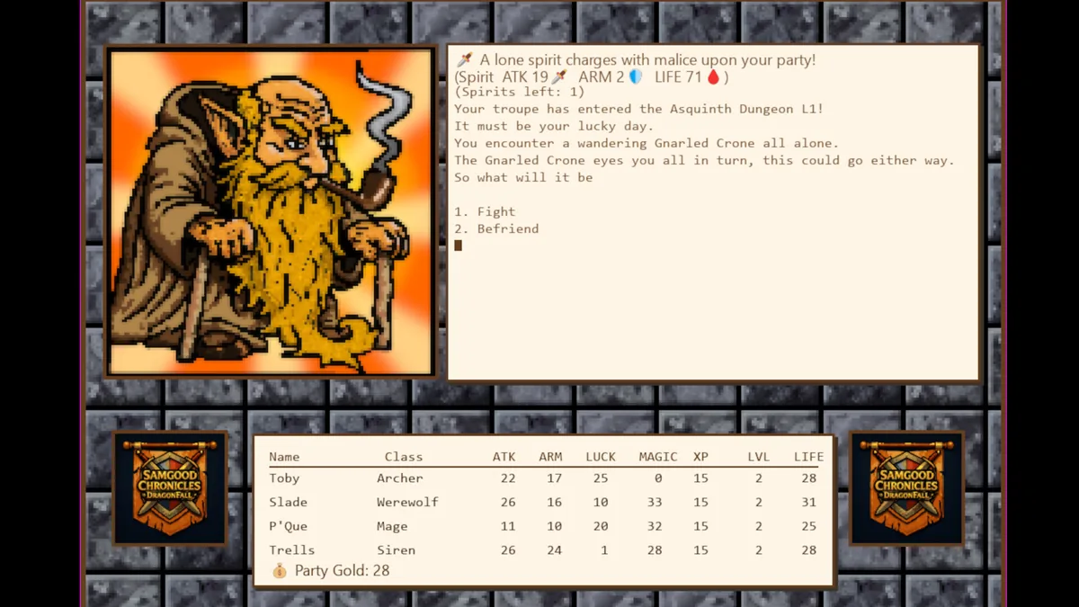 A narrative encounter screen shows a wandering Gnarled Crone NPC, described as eyeing the party in turn, with a Fight or Befriend choice presented alongside a combat stat readout for a hostile spirit