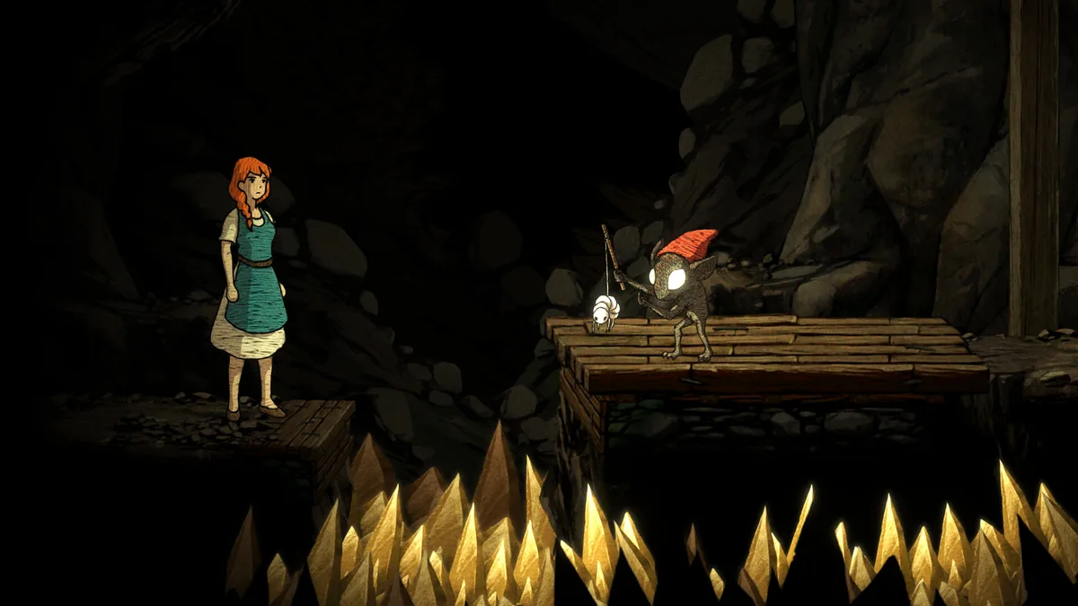 Elise crossing a dark underground platform on spikes as a goblin-like creature with a red cap and glowing eyes holds up a small skeletal creature on a stick