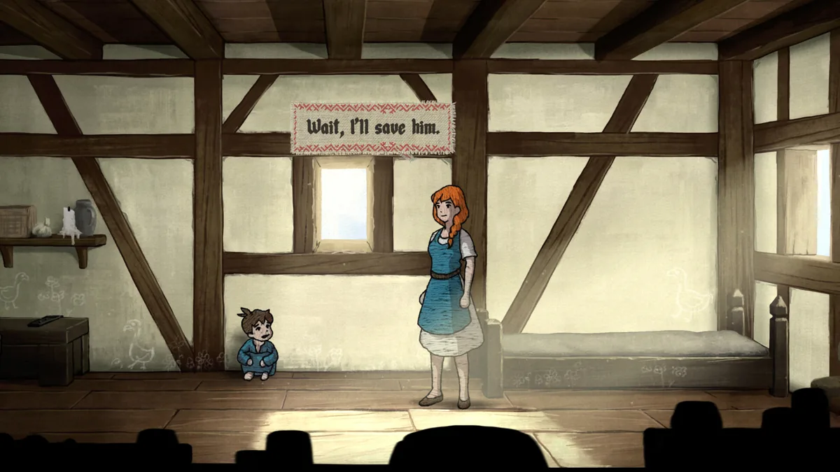 Elise standing in a wood-framed medieval room next to a small child, an embroidered burlap dialogue box reading Wait, I'll save him hanging above them
