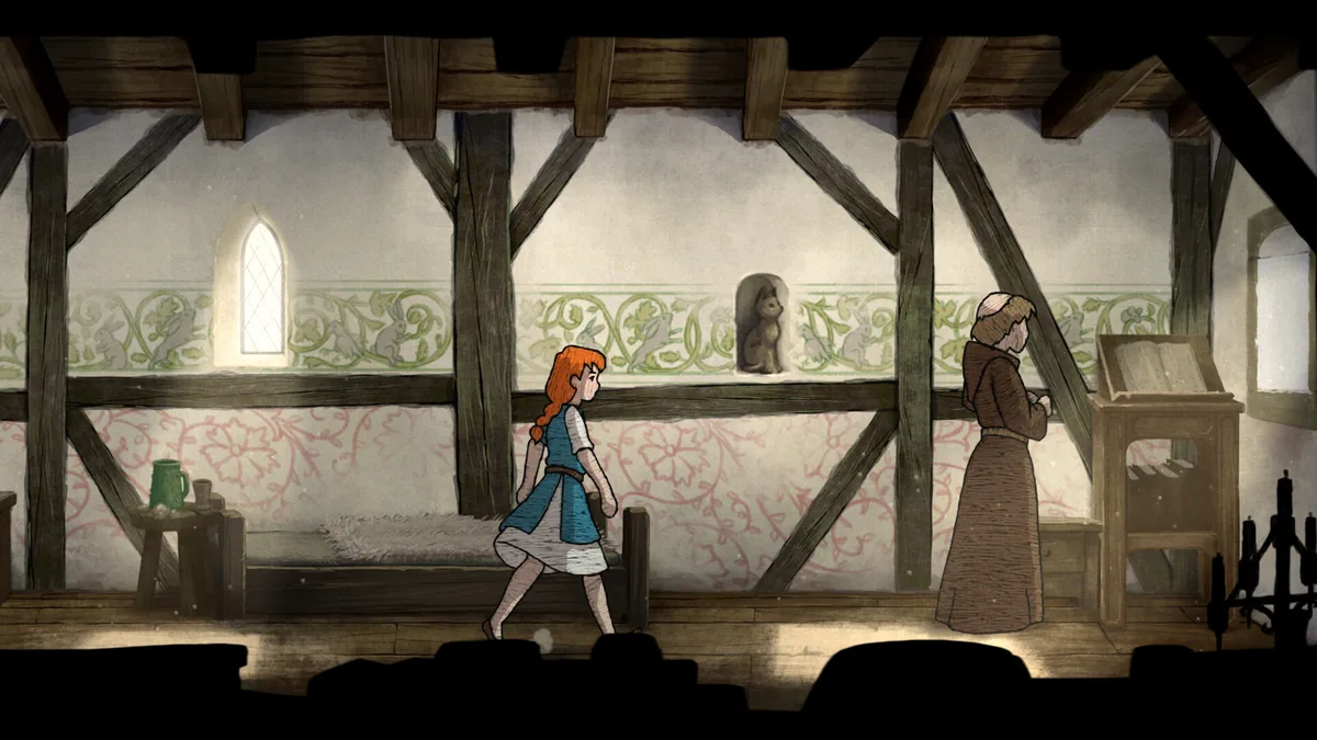 Elise walking past an ornate wall border decorated with rabbits and vines, a small stone creature statue in a wall niche, and an elderly robed figure reading at a lectern nearby