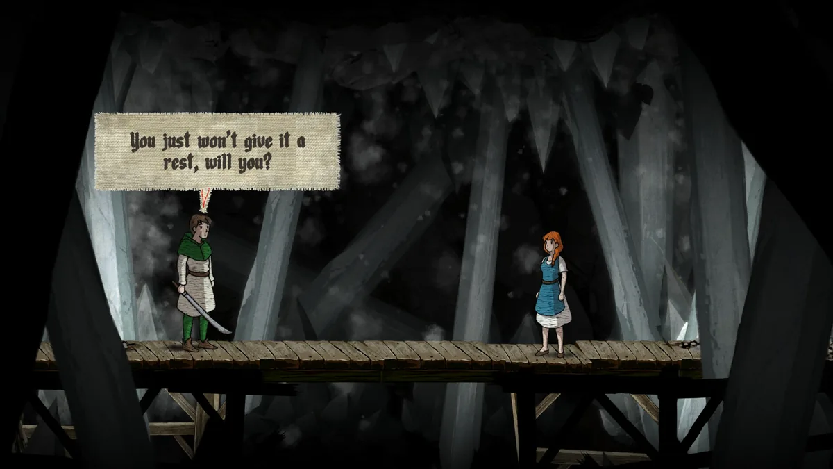 Elise standing on a wooden bridge inside a crystal-lined cave, facing a green-hooded man holding a sword, with an embroidered burlap dialogue box reading You just won't give it a rest, will you?