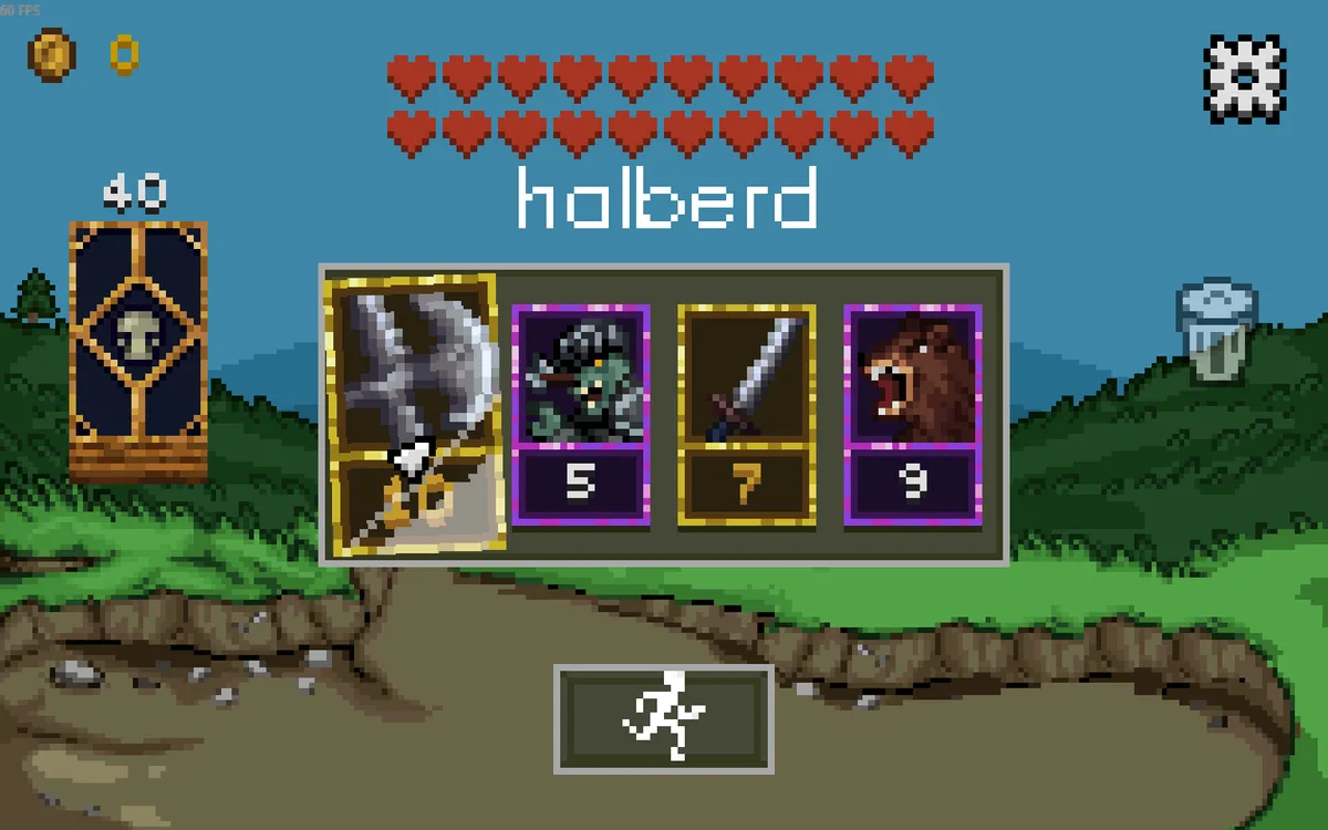 Scoundrel pixel-art dungeon layout with four revealed encounter cards visible and a deck card count displayed in the corner