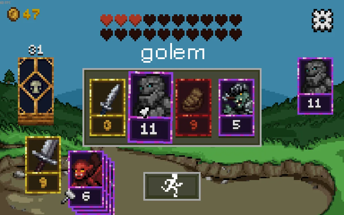 Scoundrel pixel-art inventory showing a worn weapon with reduced damage output and an empty potion slot after a contested room