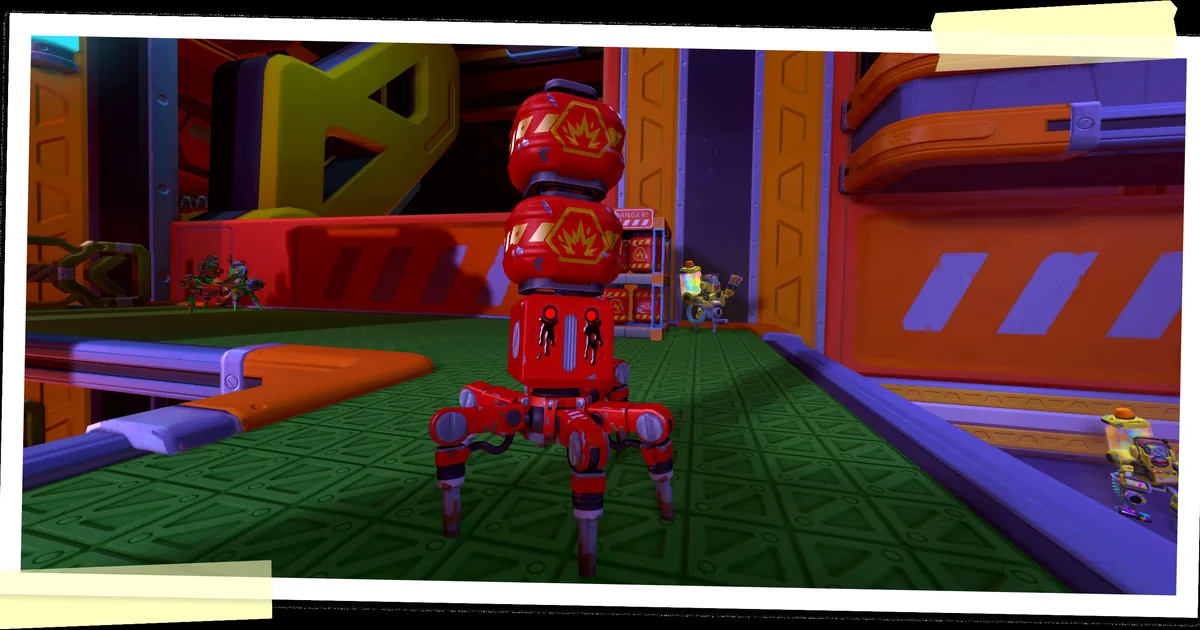 A tripod-legged Red Explosive Totebot with two stacked red explosive canisters stands on a warehouse floor near smaller robots