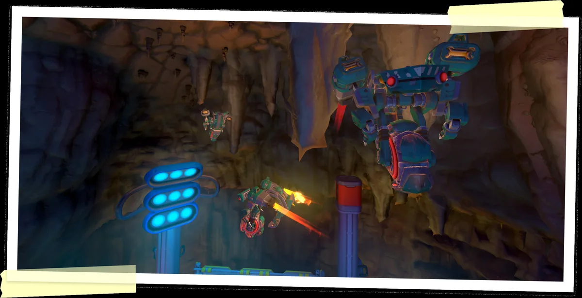A large teal mining-mech robot with a wrench-shaped head and red eyes floats in a stalactite cave while two green robots fire laser beams