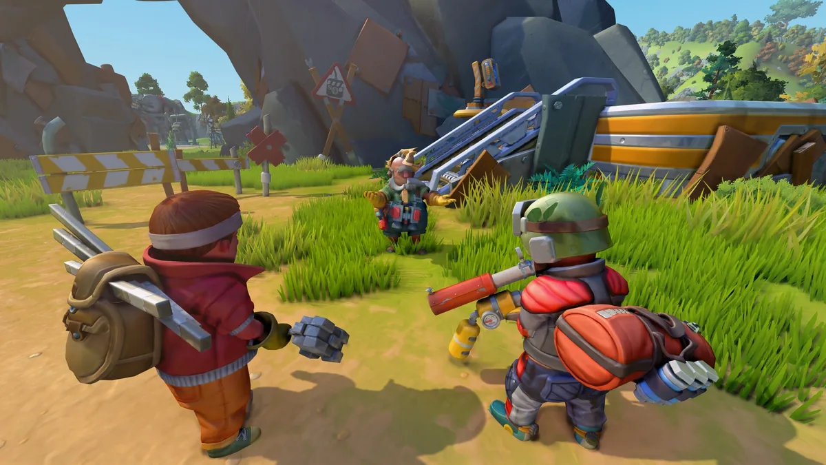 Two Scrap Mechanic players approach a bearded NPC in work overalls standing near crashed wreckage in a grassy clearing